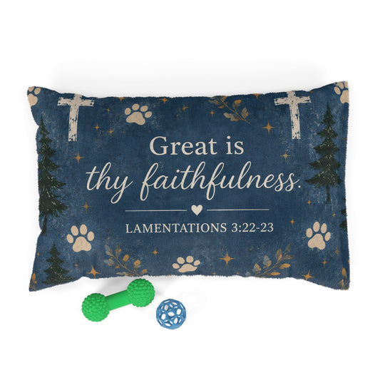 Christian Pet Bed – “Great is Thy Faithfulness” Paw Print Scripture Pillow (Lamentations 3:22-23)
