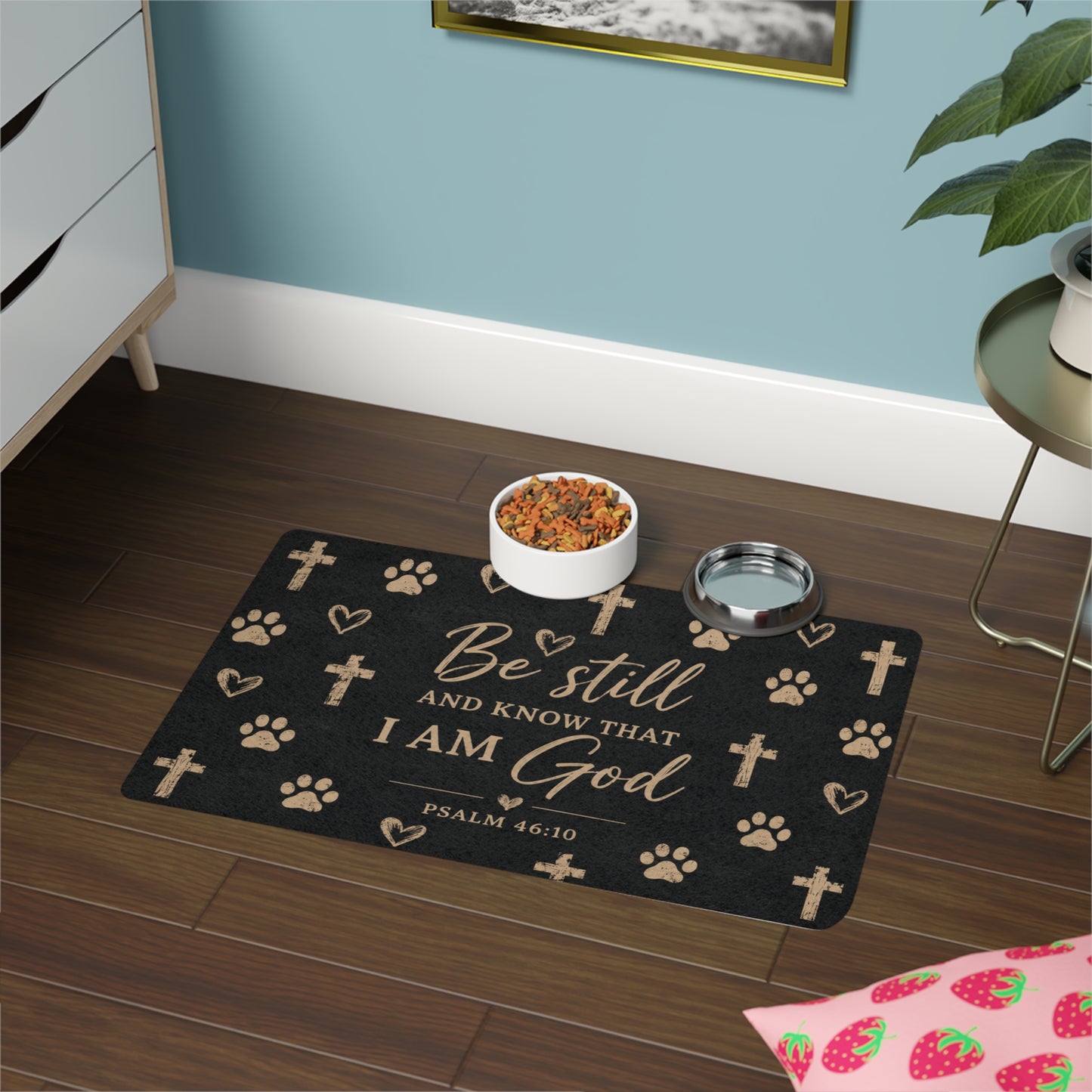 Pet Food Mat – "Be Still and Know That I Am God" Psalm 46:10 Dog/Cat Feeding Mat with Crosses & Paw Prints