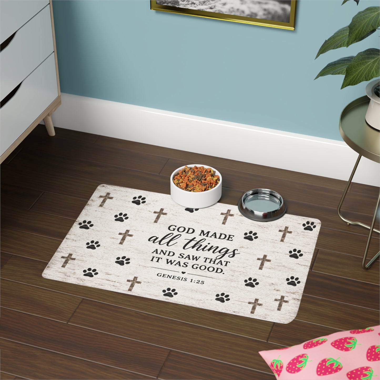 Pet Food Mat — "God Made All Things" Inspirational Paw & Cross Feeding Mat (12x18)