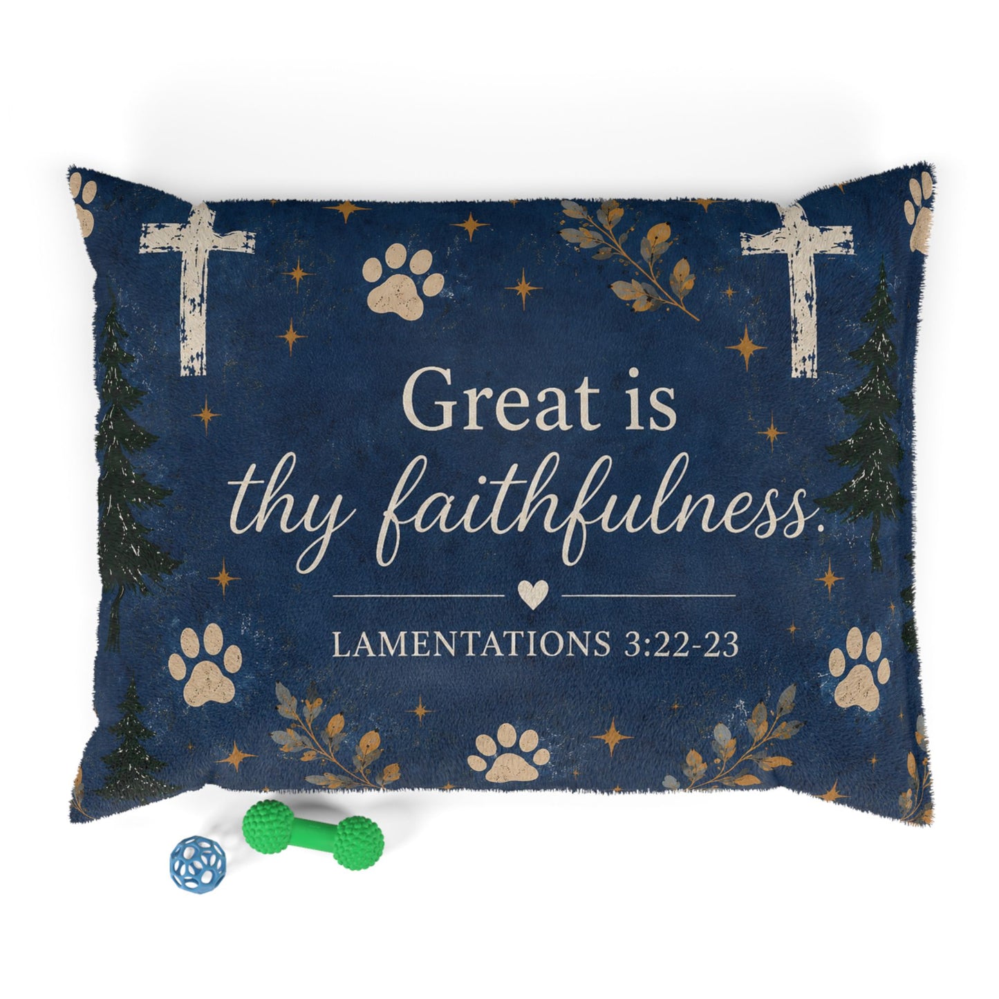 Christian Pet Bed – “Great is Thy Faithfulness” Paw Print Scripture Pillow (Lamentations 3:22-23)