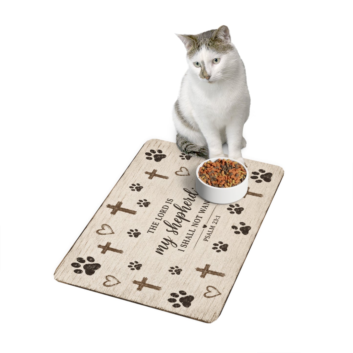Pet Food Mat - "The Lord is my shepherd; I shall not want." Psalm 23:1 - Christian Paw Print Feeding Mat (12x18)
