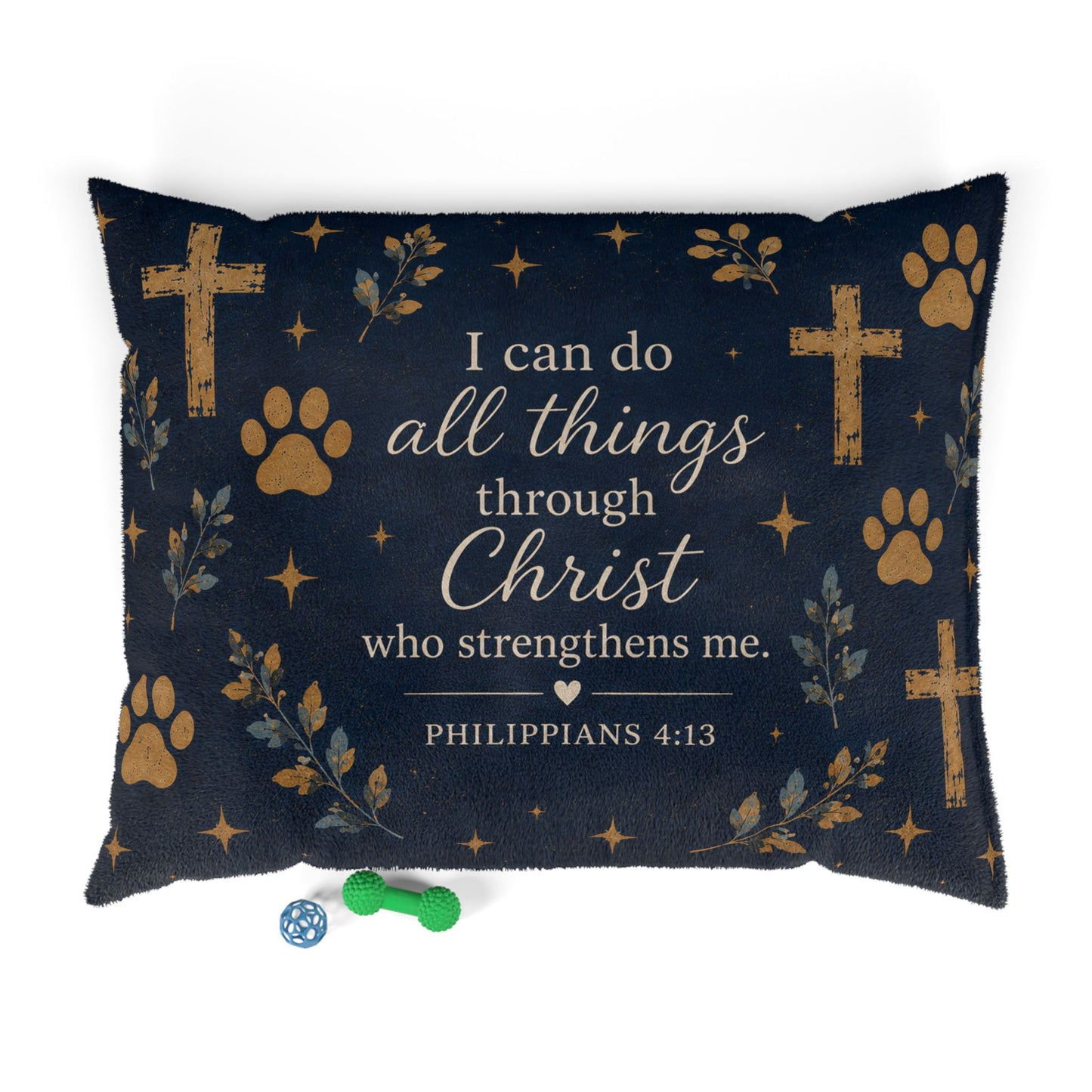 Christian Pet Bed - "I Can Do All Things Through Christ" Scripture Pillow with Cross & Paw Print Design