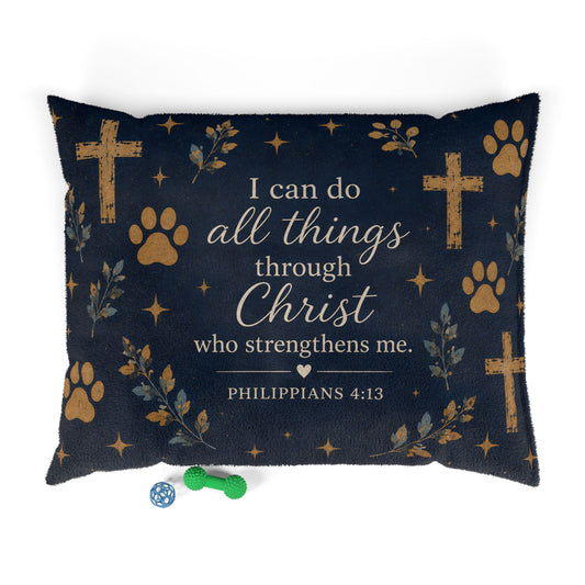 Christian Pet Bed - "I Can Do All Things Through Christ" Scripture Pillow with Cross & Paw Print Design