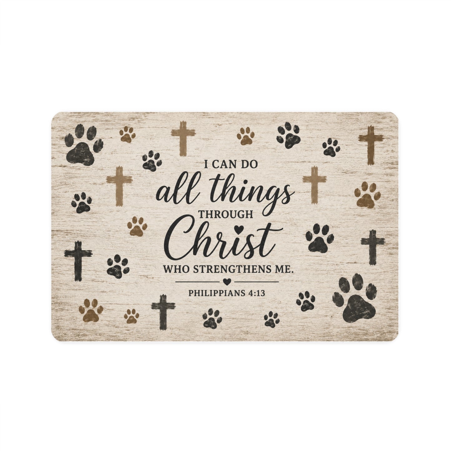 Christian Pet Food Mat 12x18 – "I Can Do All Things Through Christ" Paw Print Feeding Mat