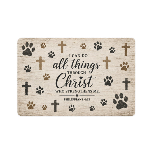 Christian Pet Food Mat 12x18 – "I Can Do All Things Through Christ" Paw Print Feeding Mat