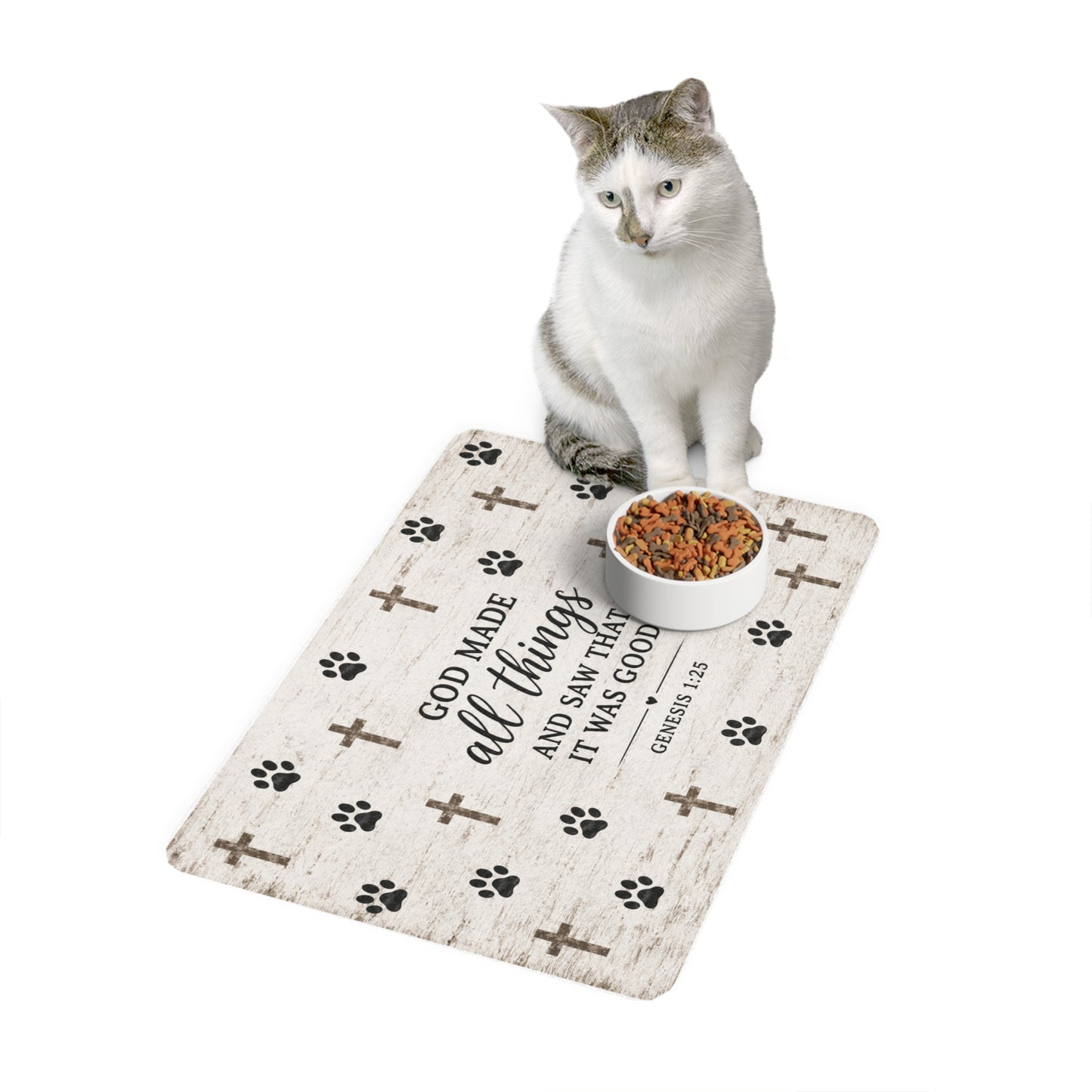 Pet Food Mat — "God Made All Things" Inspirational Paw & Cross Feeding Mat (12x18)
