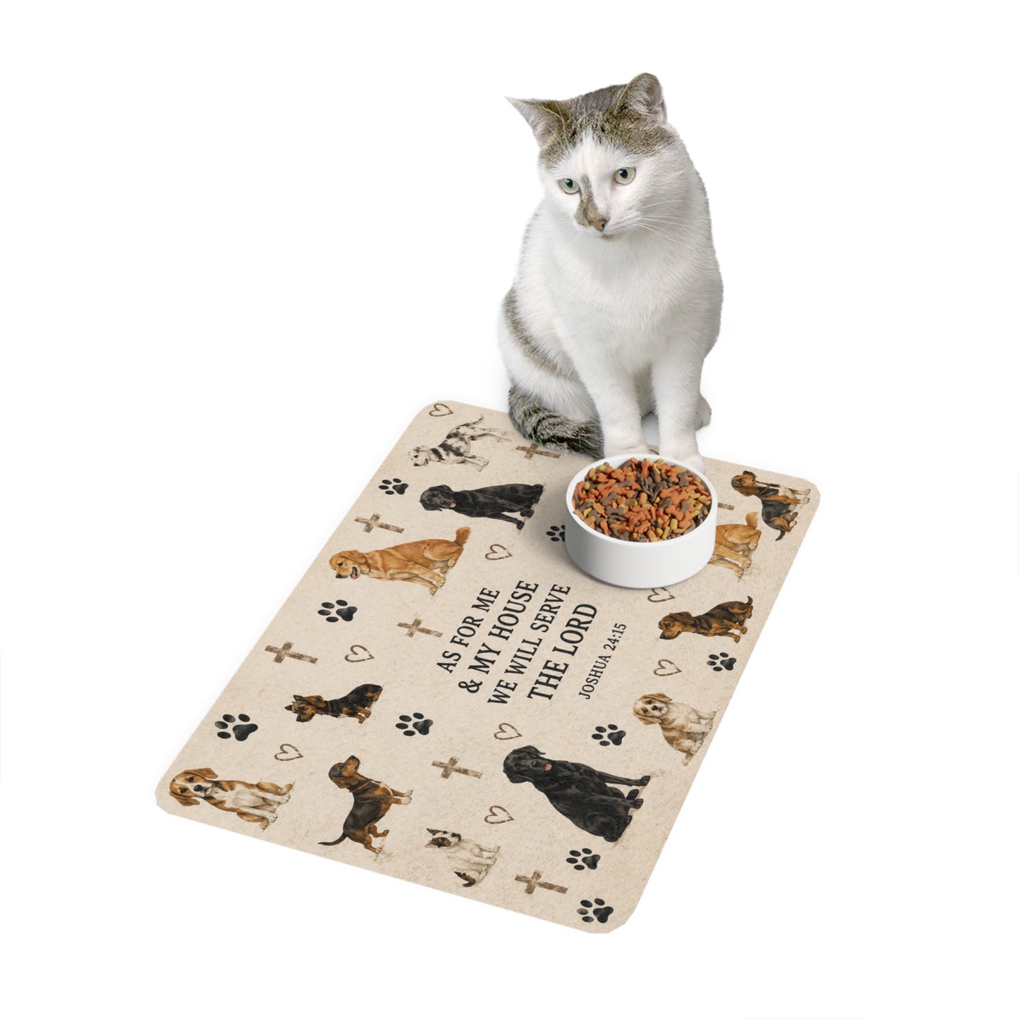 Joshua 24:15 Dog Feeding Mat (12x18) — Christian Pet Food Mat with Paw Prints & Crosses