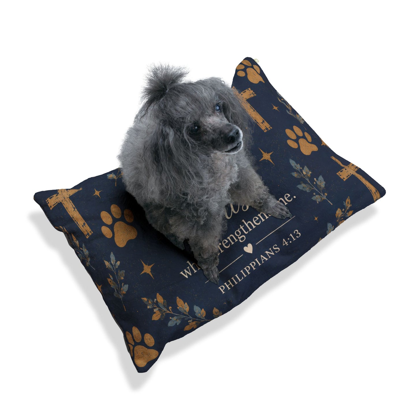 Christian Pet Bed - "I Can Do All Things Through Christ" Scripture Pillow with Cross & Paw Print Design