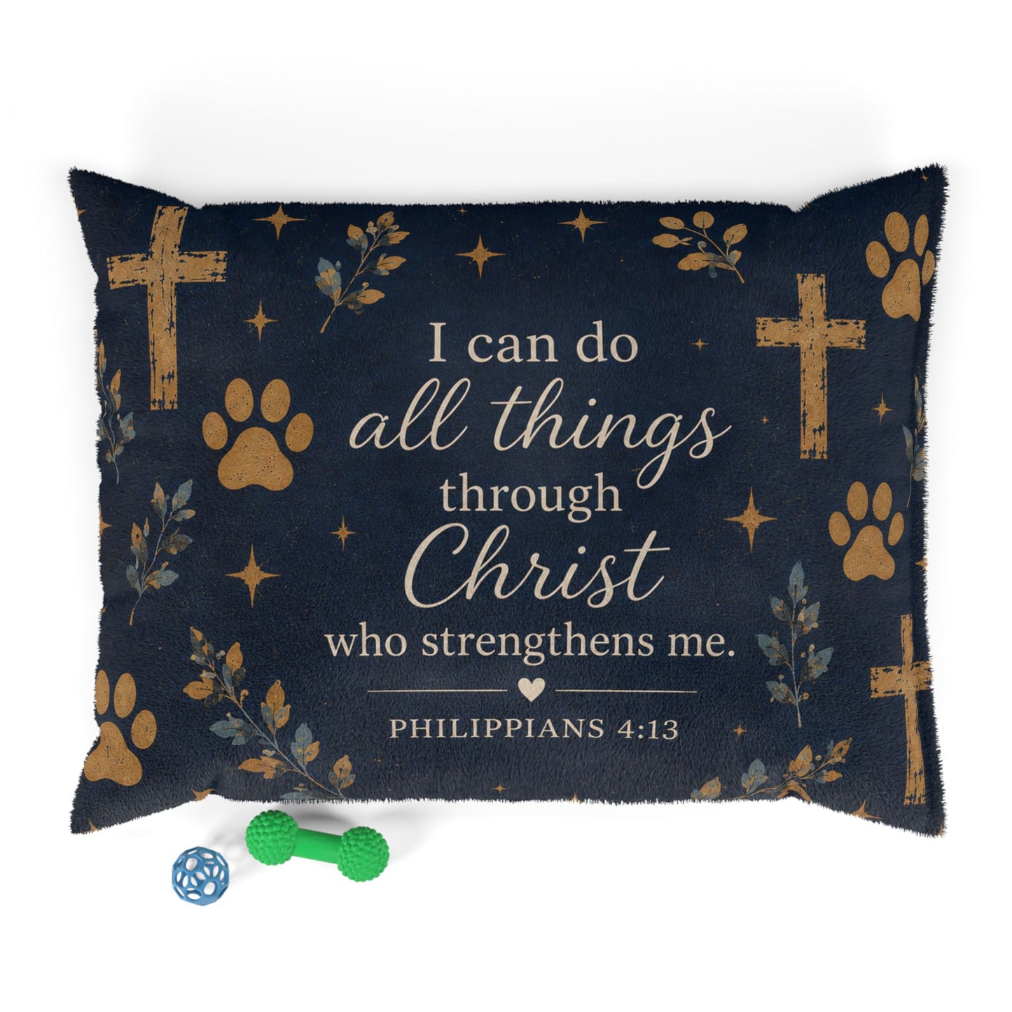 Christian Pet Bed - "I Can Do All Things Through Christ" Scripture Pillow with Cross & Paw Print Design