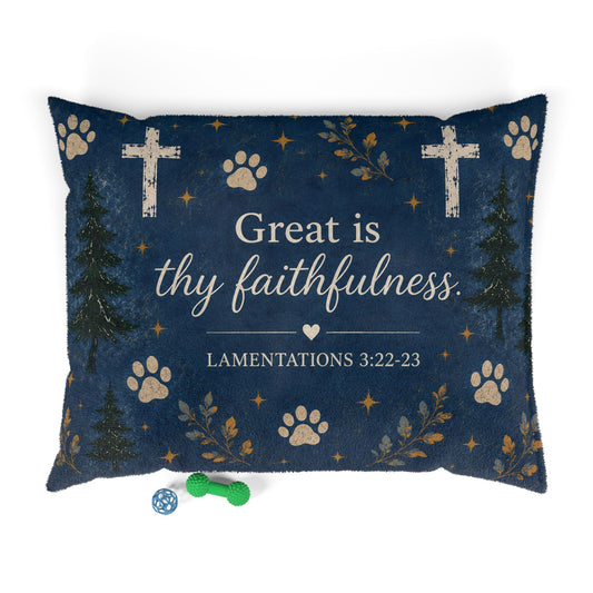 Christian Pet Bed – “Great is Thy Faithfulness” Paw Print Scripture Pillow (Lamentations 3:22-23)