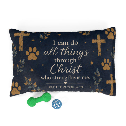 Christian Pet Bed - "I Can Do All Things Through Christ" Scripture Pillow with Cross & Paw Print Design