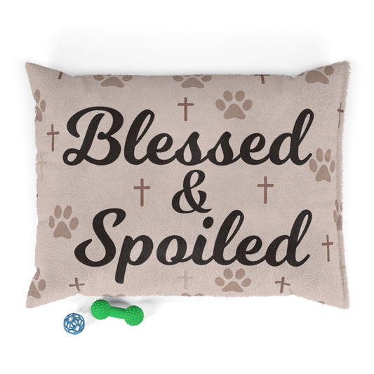 Pet Bed — "Blessed & Spoiled" Paw Print & Cross Cozy Cushion