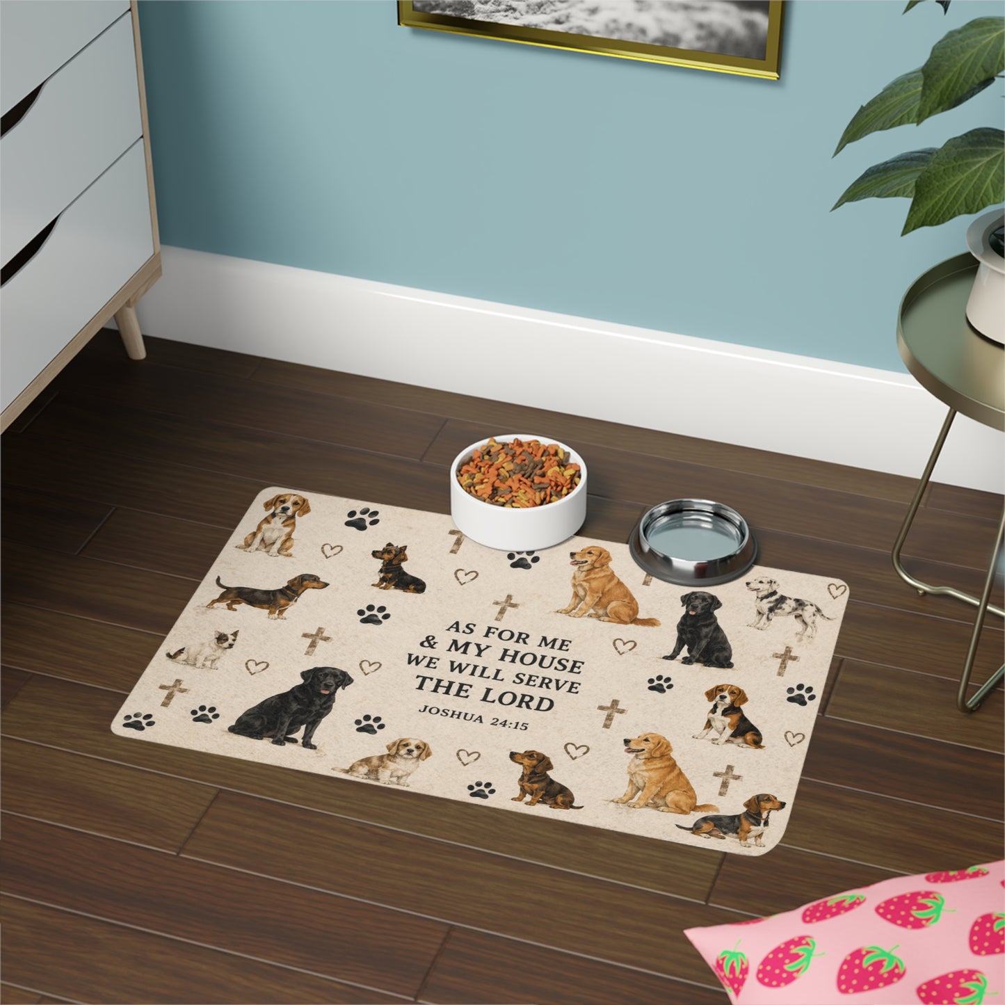 Joshua 24:15 Dog Feeding Mat (12x18) — Christian Pet Food Mat with Paw Prints & Crosses