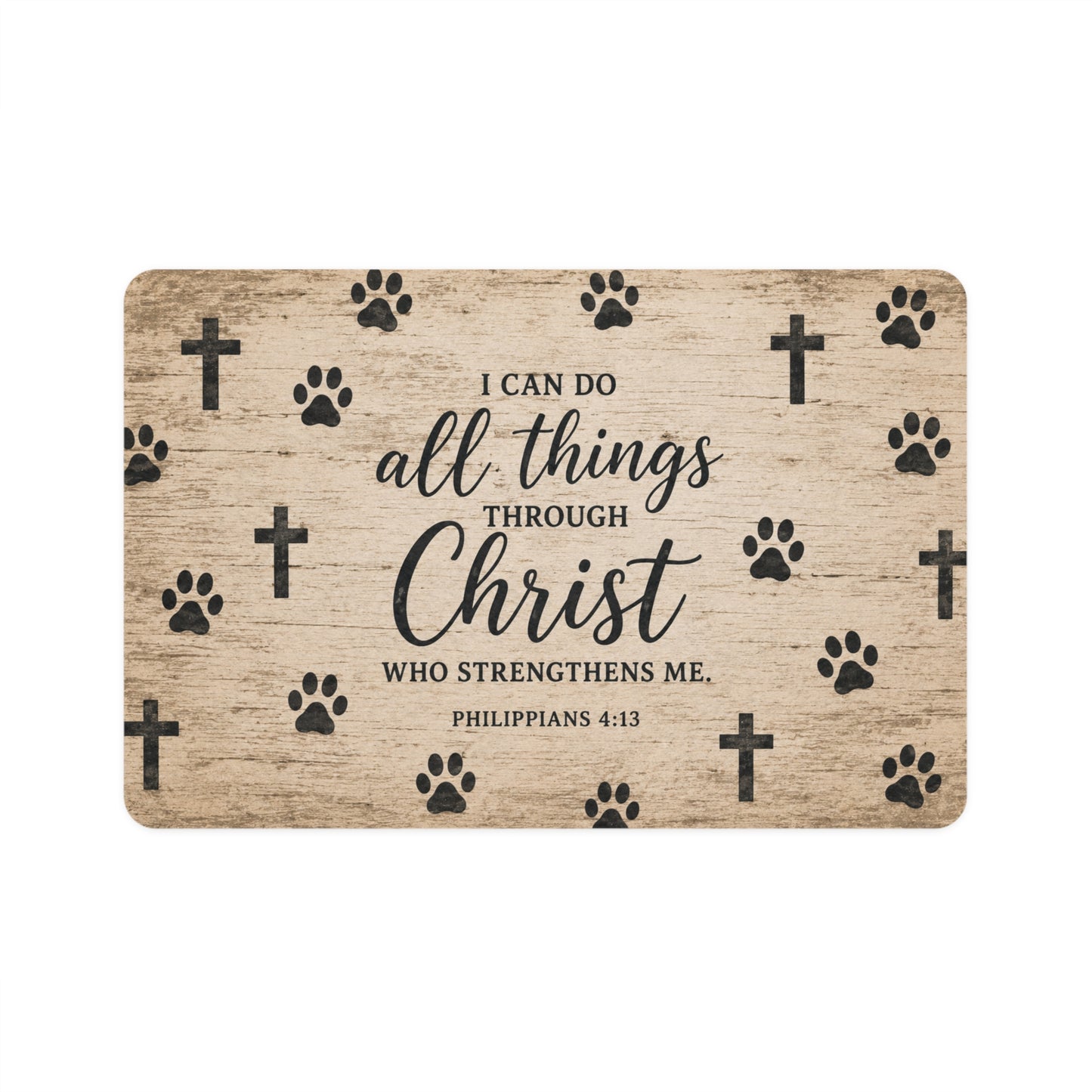 Pet Food Mat – “I Can Do All Things Through Christ” Paw Print & Cross Design (12x18)