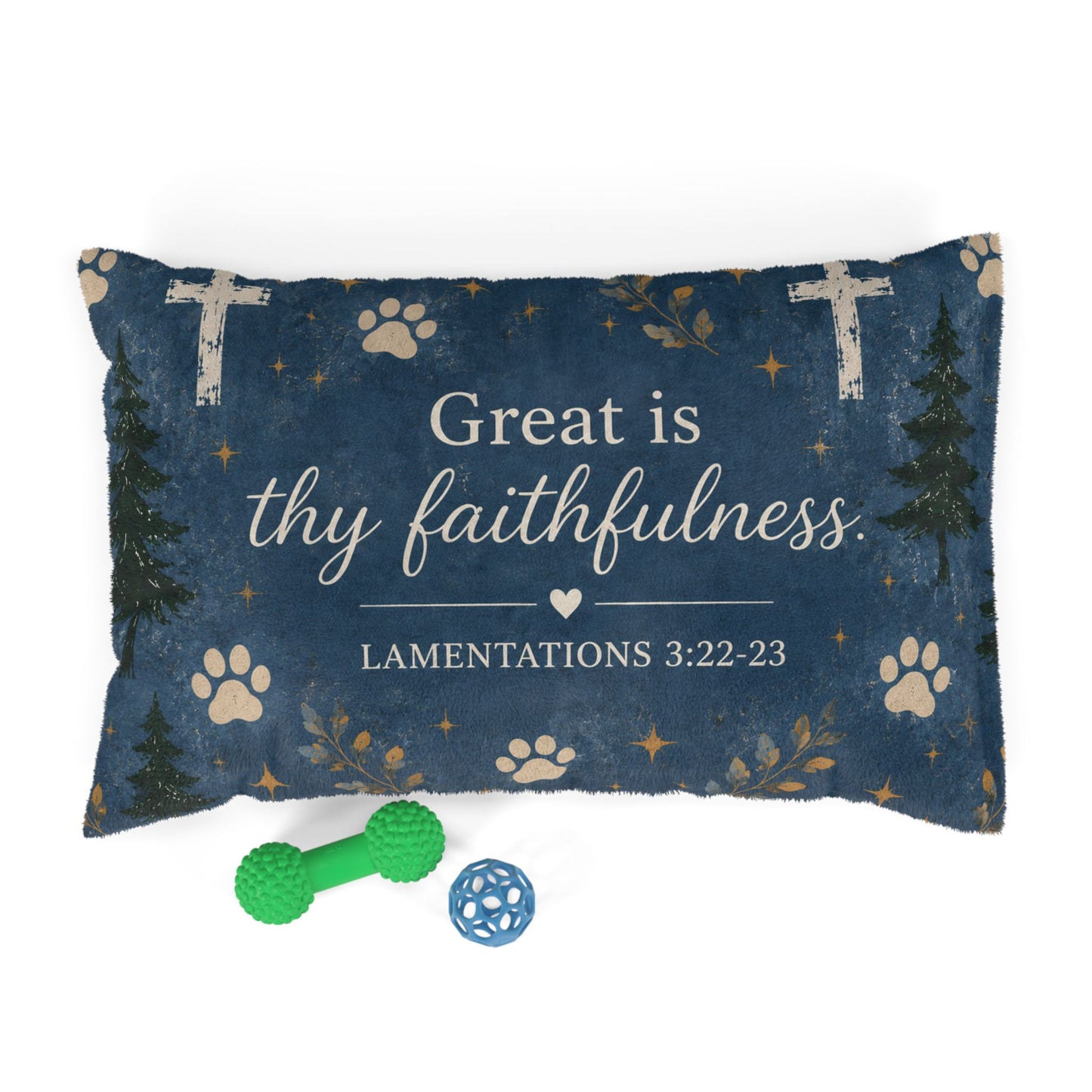 Christian Pet Bed – “Great is Thy Faithfulness” Paw Print Scripture Pillow (Lamentations 3:22-23)