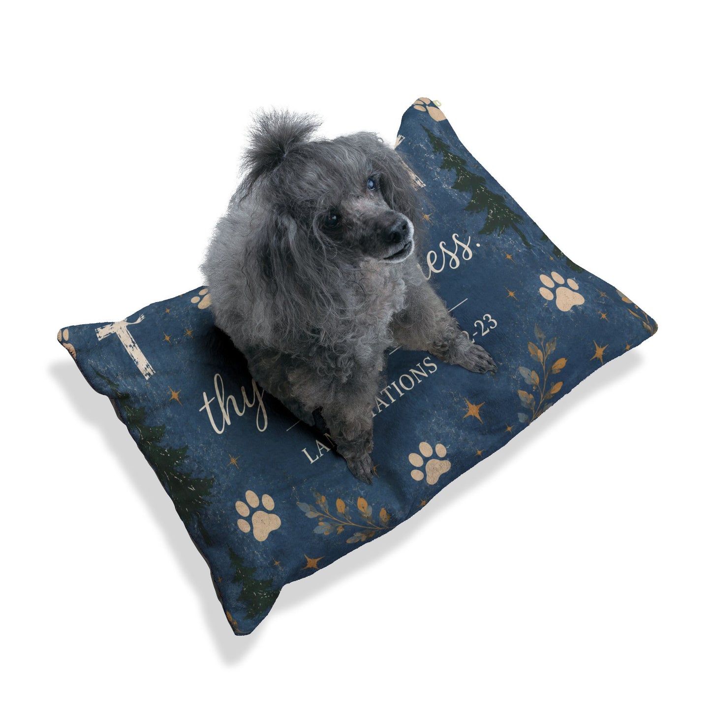 Christian Pet Bed – “Great is Thy Faithfulness” Paw Print Scripture Pillow (Lamentations 3:22-23)