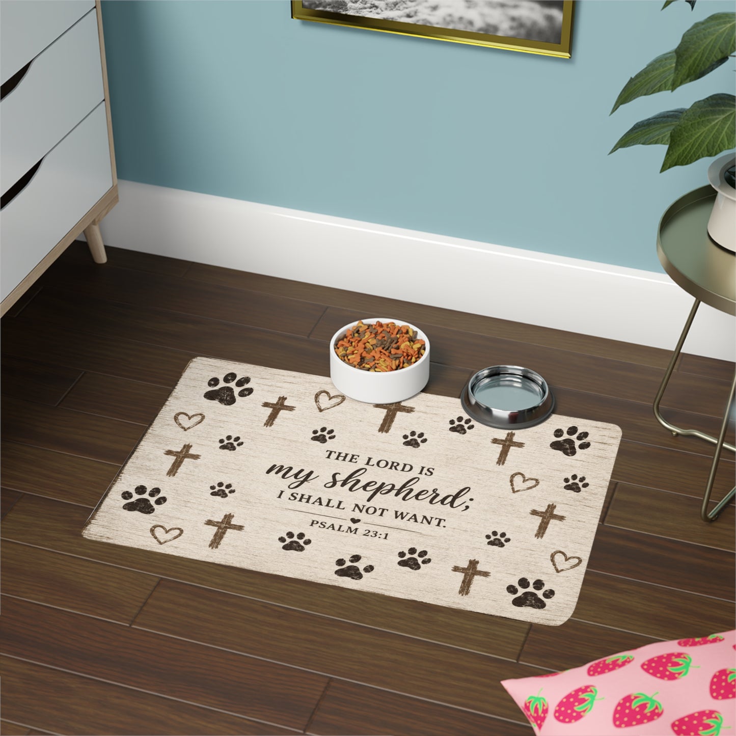 Pet Food Mat - "The Lord is my shepherd; I shall not want." Psalm 23:1 - Christian Paw Print Feeding Mat (12x18)
