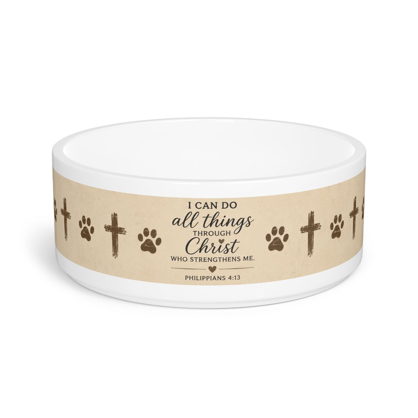 Christian Pet Bowl with Philippians 4:13 Quote — Cross & Paw Print Design