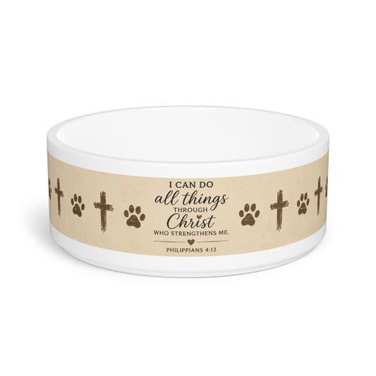 Christian Pet Bowl with Philippians 4:13 Quote — Cross & Paw Print Design