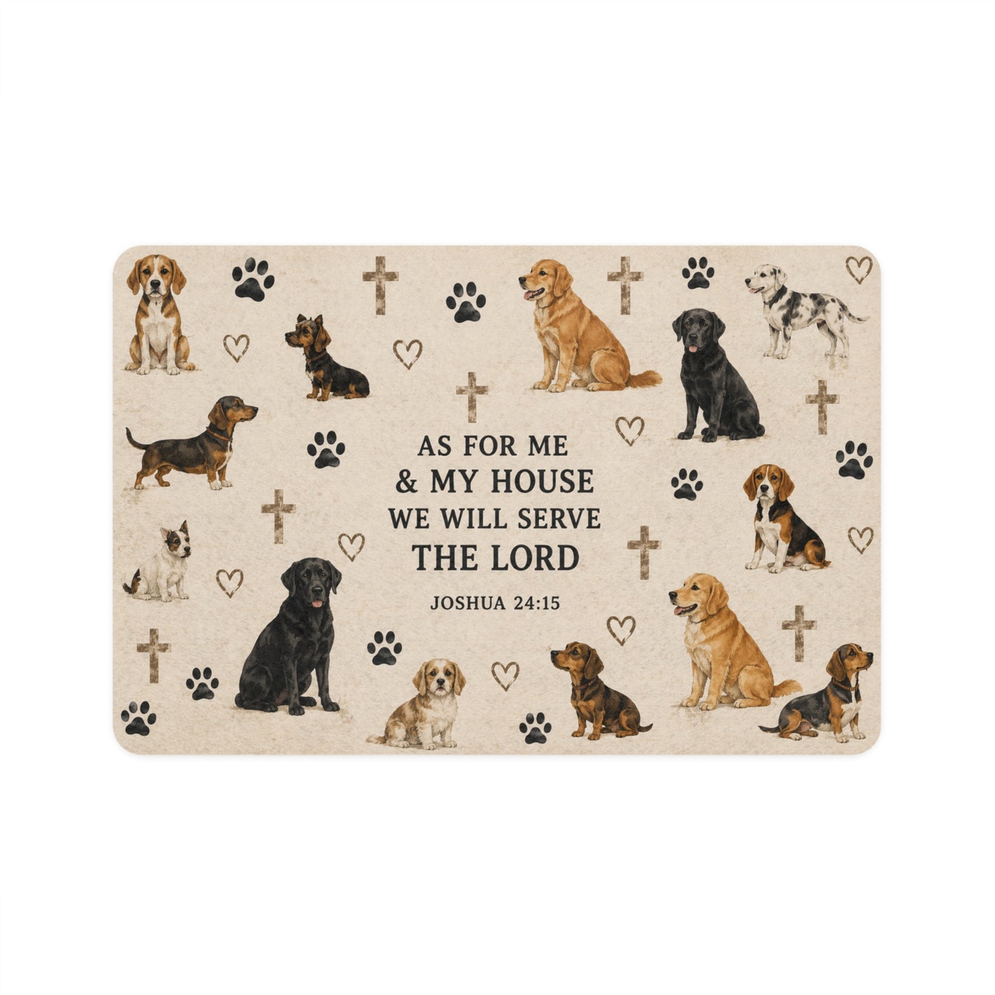 Joshua 24:15 Dog Feeding Mat (12x18) — Christian Pet Food Mat with Paw Prints & Crosses