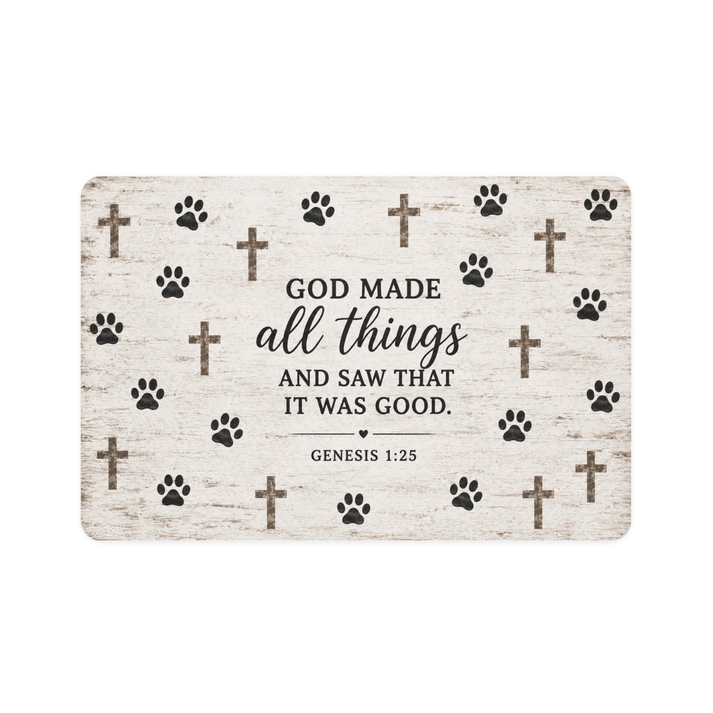Pet Food Mat — "God Made All Things" Inspirational Paw & Cross Feeding Mat (12x18)