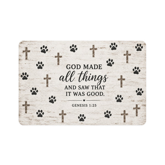 Pet Food Mat — "God Made All Things" Inspirational Paw & Cross Feeding Mat (12x18)