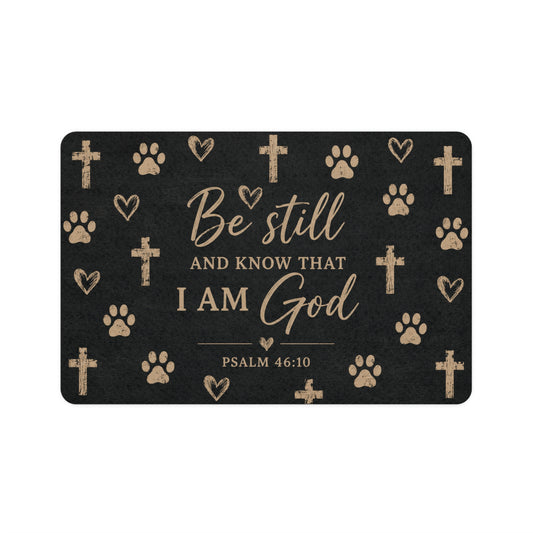 Pet Food Mat – "Be Still and Know That I Am God" Psalm 46:10 Dog/Cat Feeding Mat with Crosses & Paw Prints