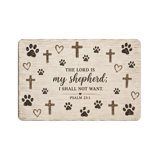 Pet Food Mat - "The Lord is my shepherd; I shall not want." Psalm 23:1 - Christian Paw Print Feeding Mat (12x18)