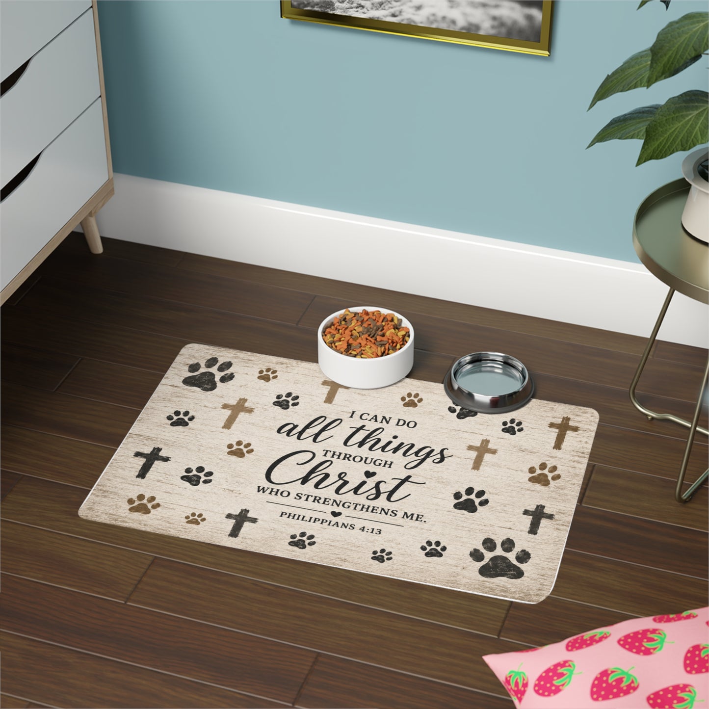 Christian Pet Food Mat 12x18 – "I Can Do All Things Through Christ" Paw Print Feeding Mat