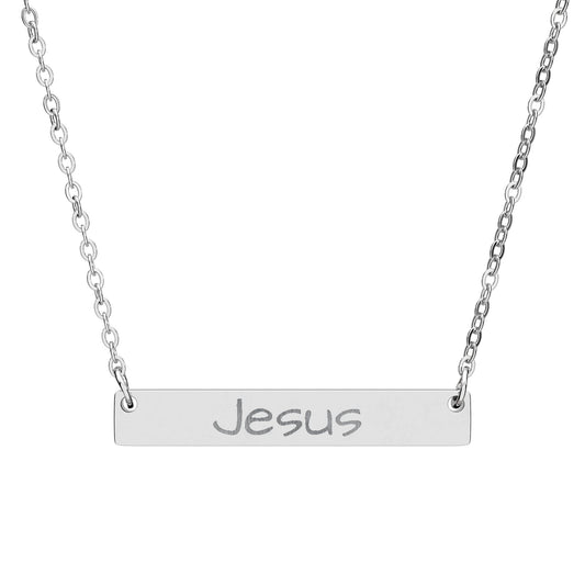 Engraved "Jesus" Horizontal Bar Necklace — Personalized Faith Pendant
