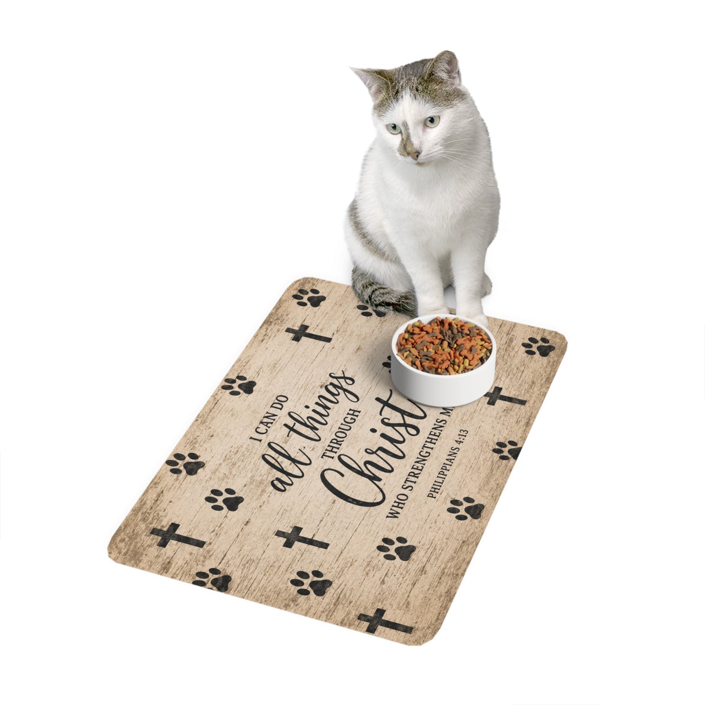 Pet Food Mat – “I Can Do All Things Through Christ” Paw Print & Cross Design (12x18)