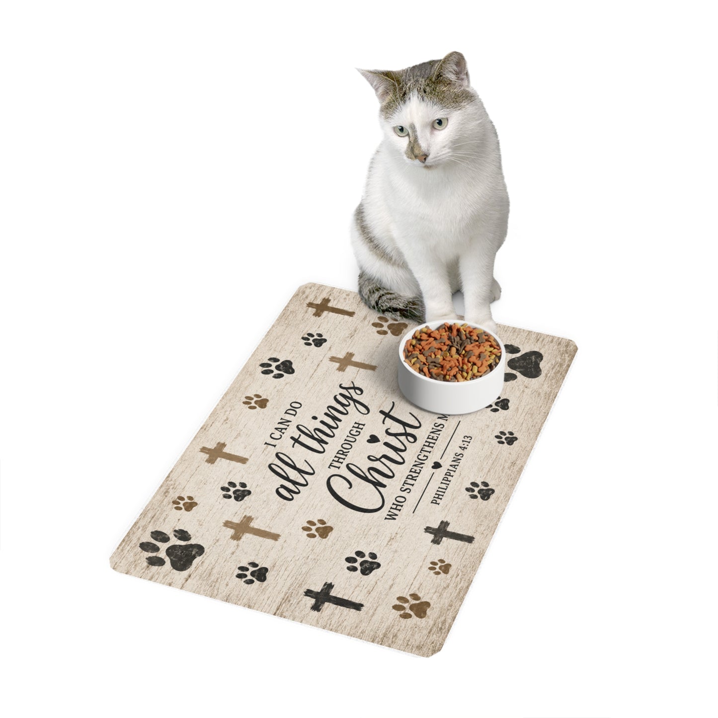 Christian Pet Food Mat 12x18 – "I Can Do All Things Through Christ" Paw Print Feeding Mat