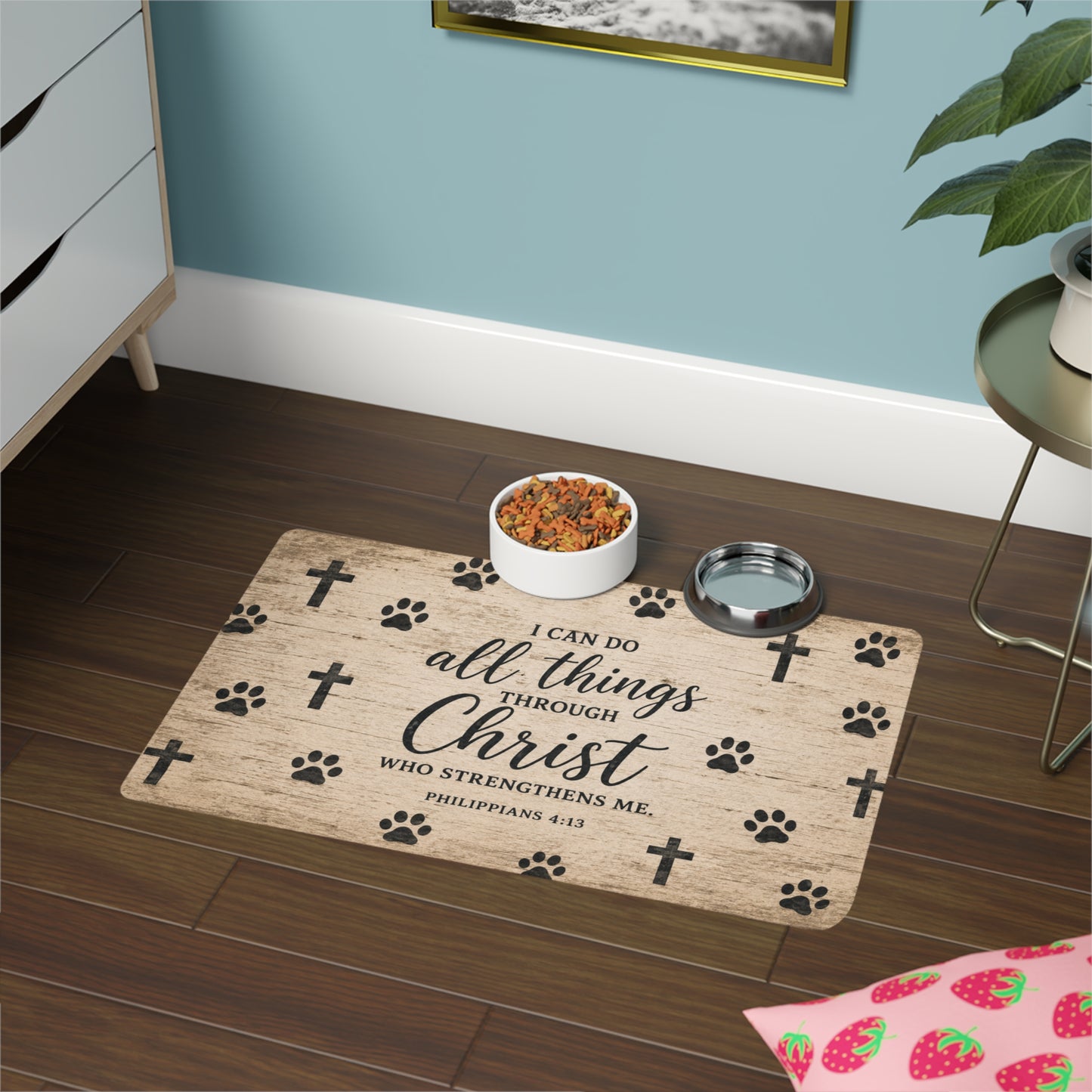 Pet Food Mat – “I Can Do All Things Through Christ” Paw Print & Cross Design (12x18)